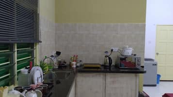 Fridge, microwave, electric kettle, toaster