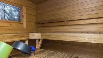 A sauna with wooden benches and a window.