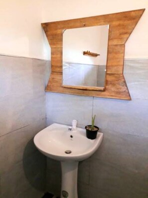 Bathroom features a pedestal sink, a mirror with a unique frame, and a potted plant.