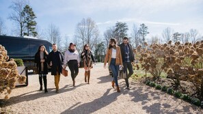 A group of people walking on a gravel path surrounded by trees and dry plants.