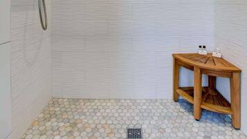 Shower, hair dryer, shampoo