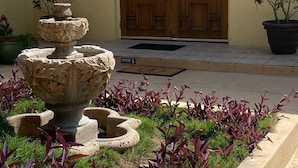 A courtyard with a stone fountain, a wooden door with glass panels, and a potted plant.