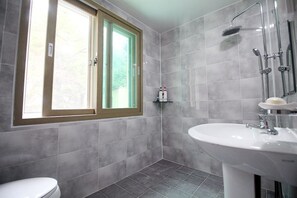 Shower, free toiletries, hair dryer, towels
