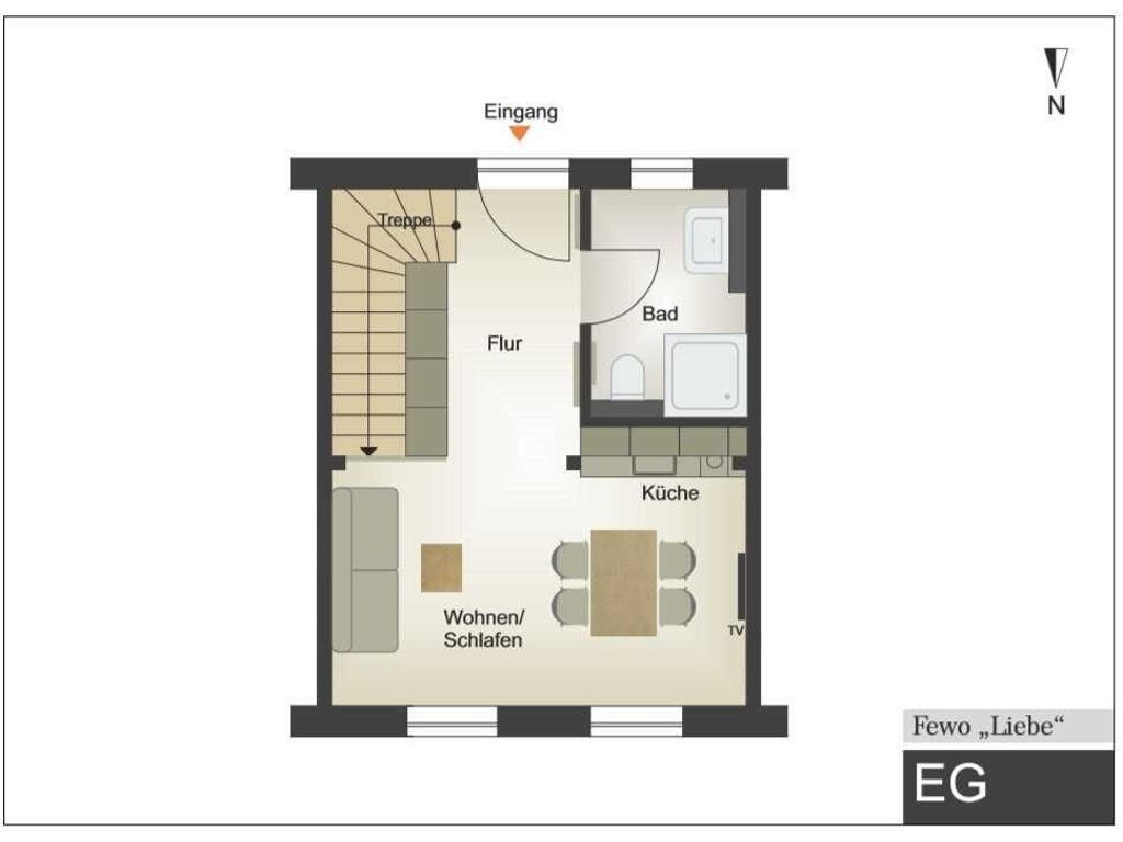 A floor plan of a hotel room with a bedroom, bathroom, and living area.