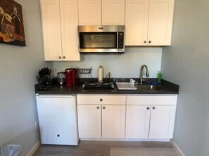 Fridge, microwave, coffee/tea maker, electric kettle