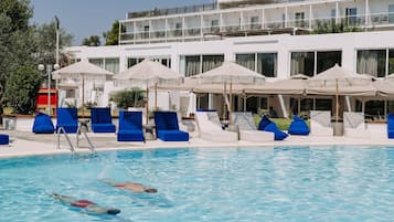 Outdoor pool, open 11:00 AM to 8:00 PM, pool umbrellas, sun loungers