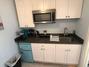 Fridge, microwave, coffee/tea maker, electric kettle