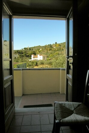 A balcony with a view of a hillside, a chair, and a door.