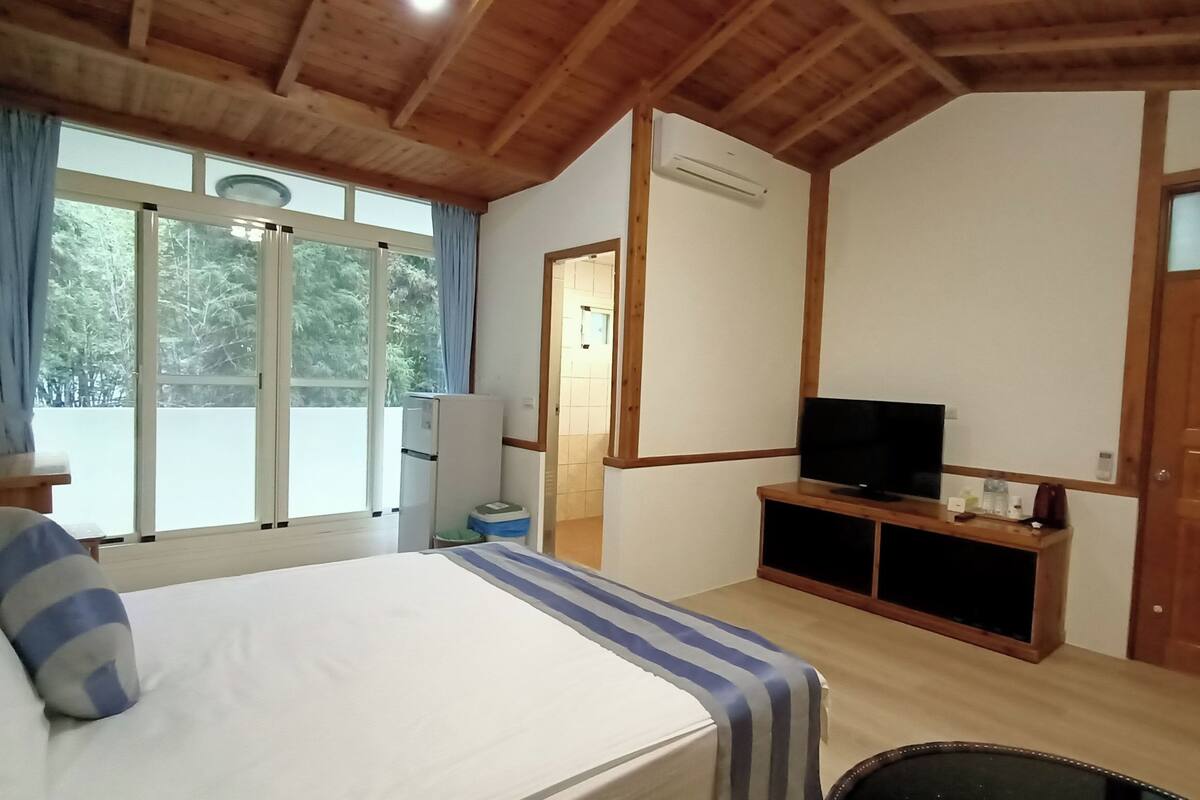 A bedroom with a bed, a television on a wooden stand, a window with curtains, and a door.