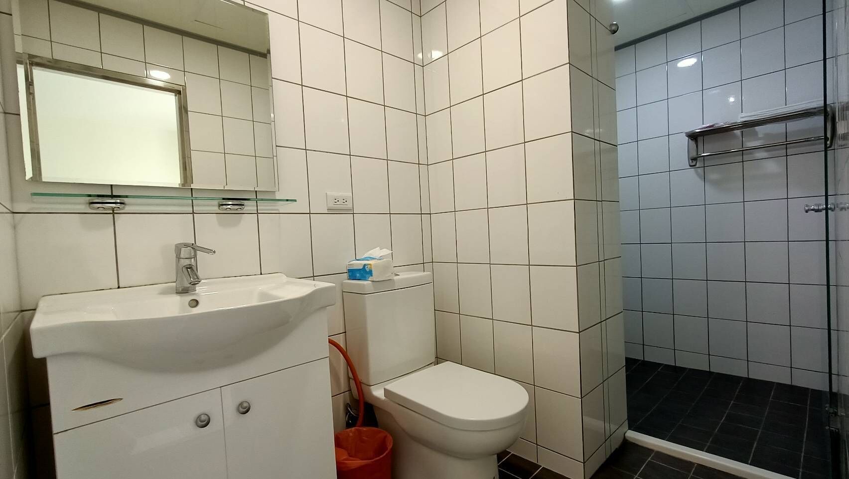 A bathroom with a white sink, mirror, and toilet, and a shower area with black tiles.