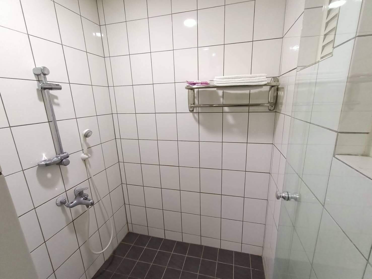 A small, tiled shower area with a glass door, a metal shelf with towels, and a handheld showerhead.