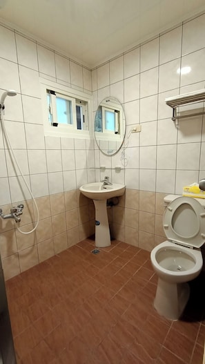 Chambre Double, vue montagne | Salle de bain | Douche, articles de toilette gratuits, sĂšche-cheveux, chaussons