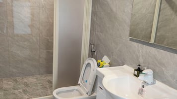 Panorama-Zimmer | Badezimmer | Dusche, kostenlose Toilettenartikel, Haartrockner, Hausschuhe