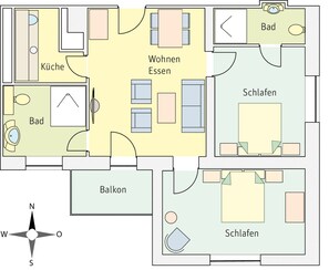 A hotel floor plan with a kitchen, dining area, bedrooms, bathroom, and balcony.