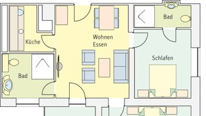 Plano de un hotel que muestra una cocina, comedor, habitaciones, baño y balcón.