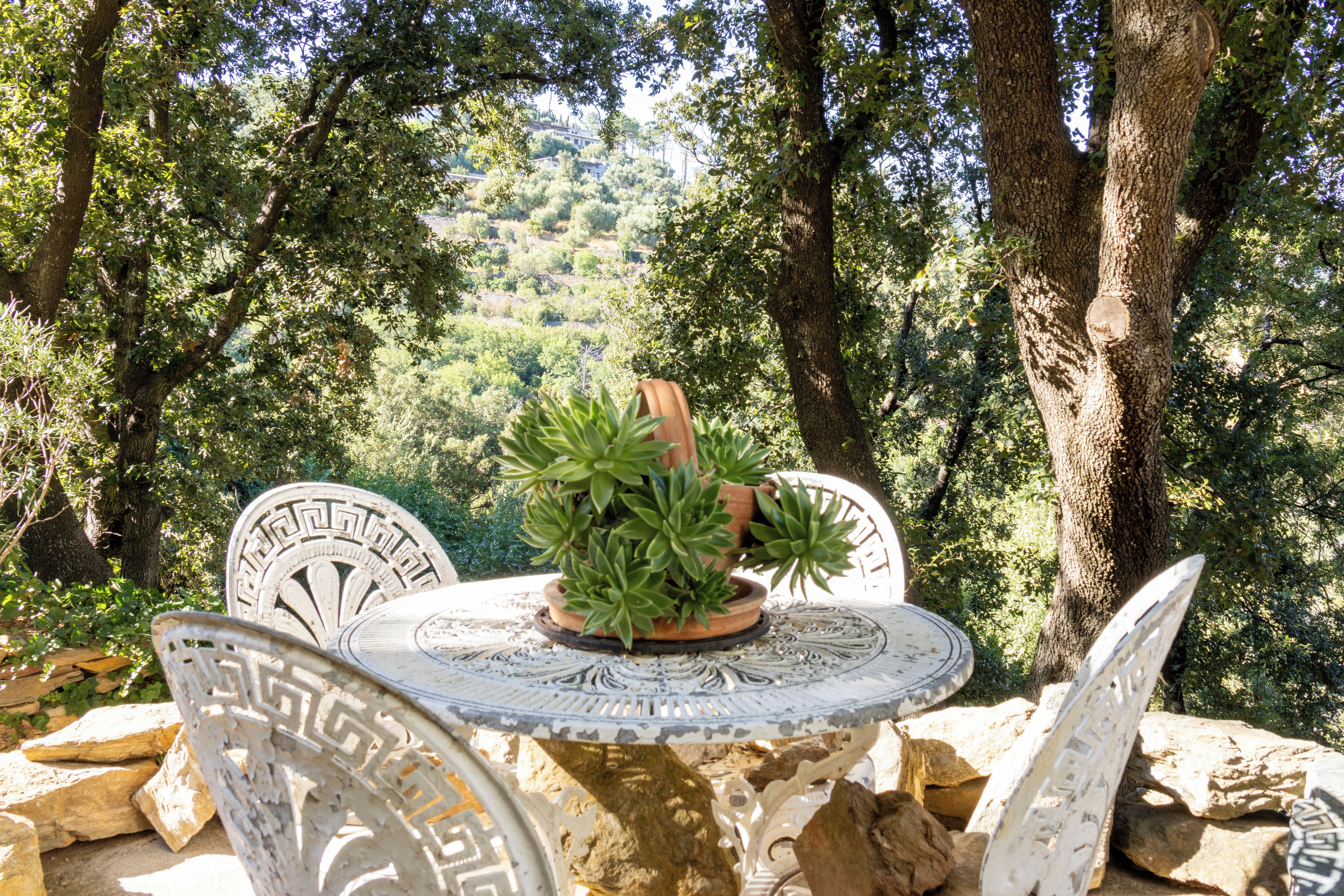 A table with a potted plant, surrounded by white chairs with intricate designs, set against a backdrop of trees and a hilly landscape.