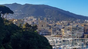 A coastal cityscape with a prominent church, dense urban buildings, and a marina filled with boats. - Ground floor of beautiful villa T2 - 70 m2 - 4 people with magnificent sea views (Bastia)