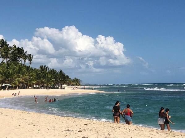 Una playa con cielos despejados, palmeras y gente disfrutando del agua.