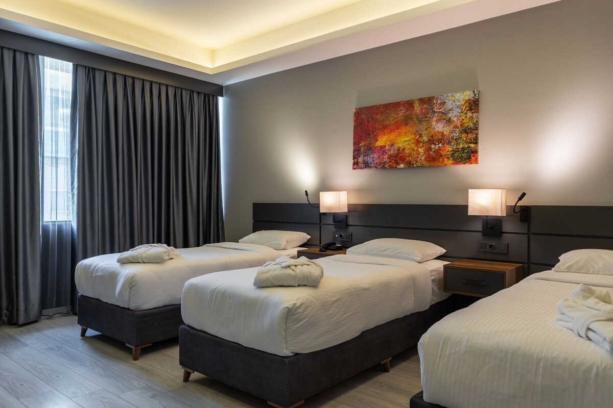 Quarto de hotel com duas camas, um quadro na parede e uma janela com cortinas.