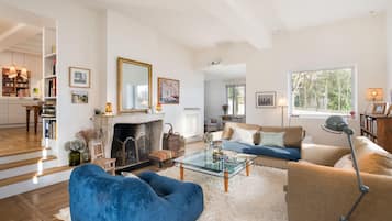 Televisie, een open haard, een tafeltennistafel en een stereo