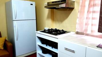 Fridge, electric kettle, toaster, cookware/dishes/utensils
