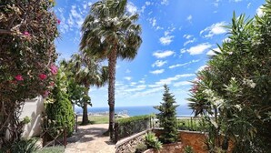 A stone pathway leading to a scenic view of the sea, surrounded by lush greenery and palm trees.