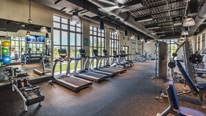 Un gimnasio con cintas de correr, máquinas de pesas y pelotas de ejercicio.