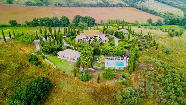Vue aérienne d’une propriété comprenant une grande maison, une piscine et un jardin bien entretenu.