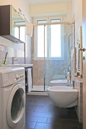 Shower, hair dryer, bidet, towels