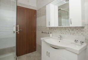 Shower, hair dryer, towels, toilet paper