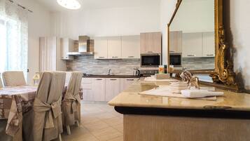 Fridge, oven, dishwasher, coffee/tea maker