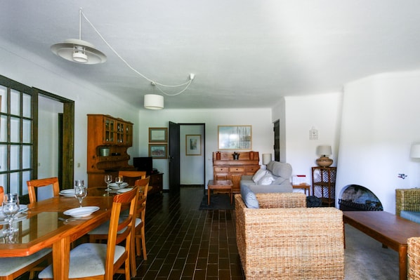 Un vaste espace de vie comprenant une table à manger pour quatre personnes, un canapé, une cheminée et un buffet en bois.