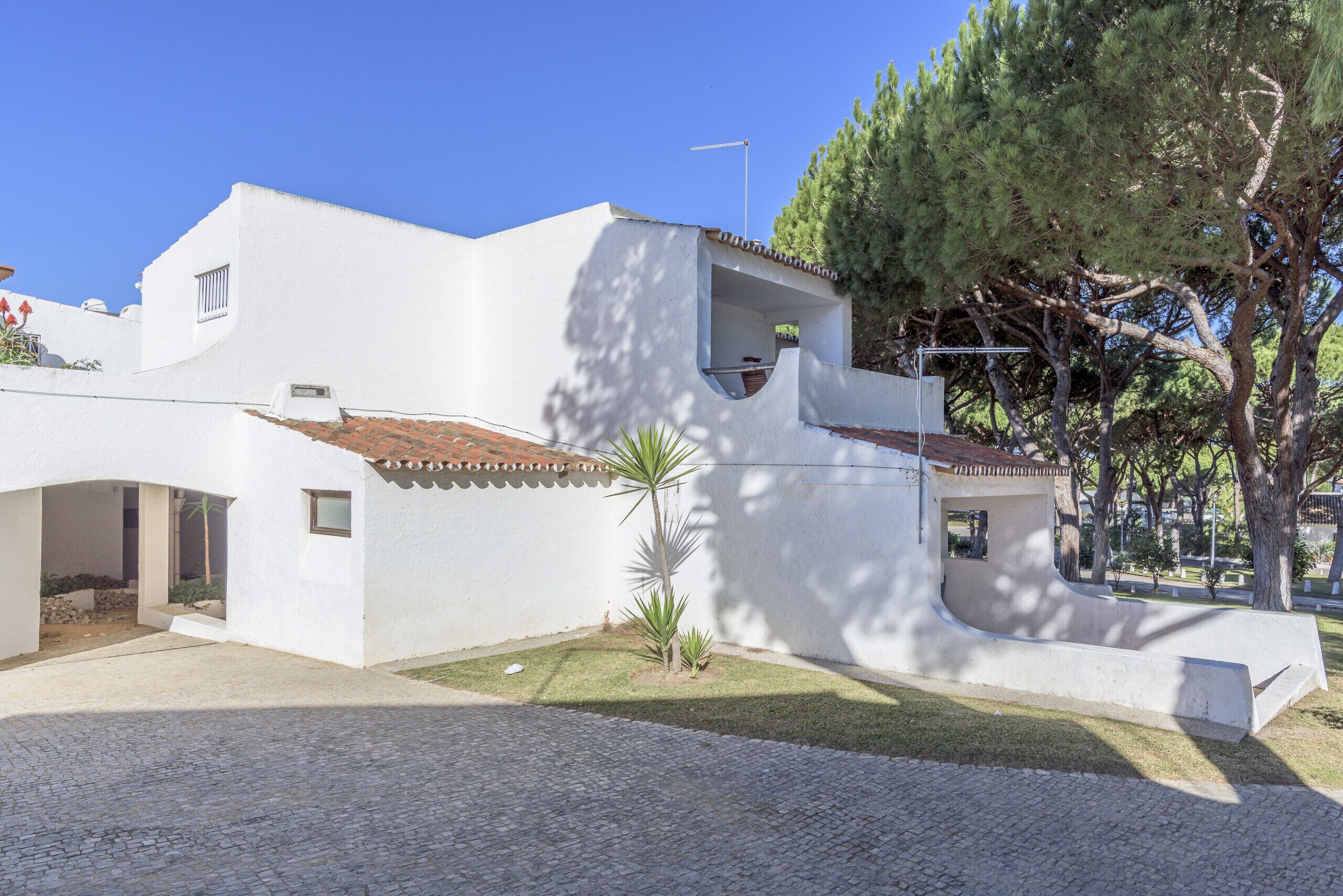 A white building with a tiled roof, a small garden area, and a pine tree.
