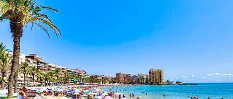 On the beach, sun loungers, beach towels