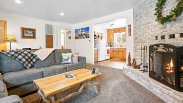 Smart TV, fireplace, books