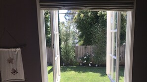 A window with a view of a backyard, including a wooden fence and a lawn.