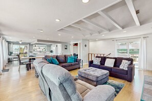 TV, fireplace, books, video library