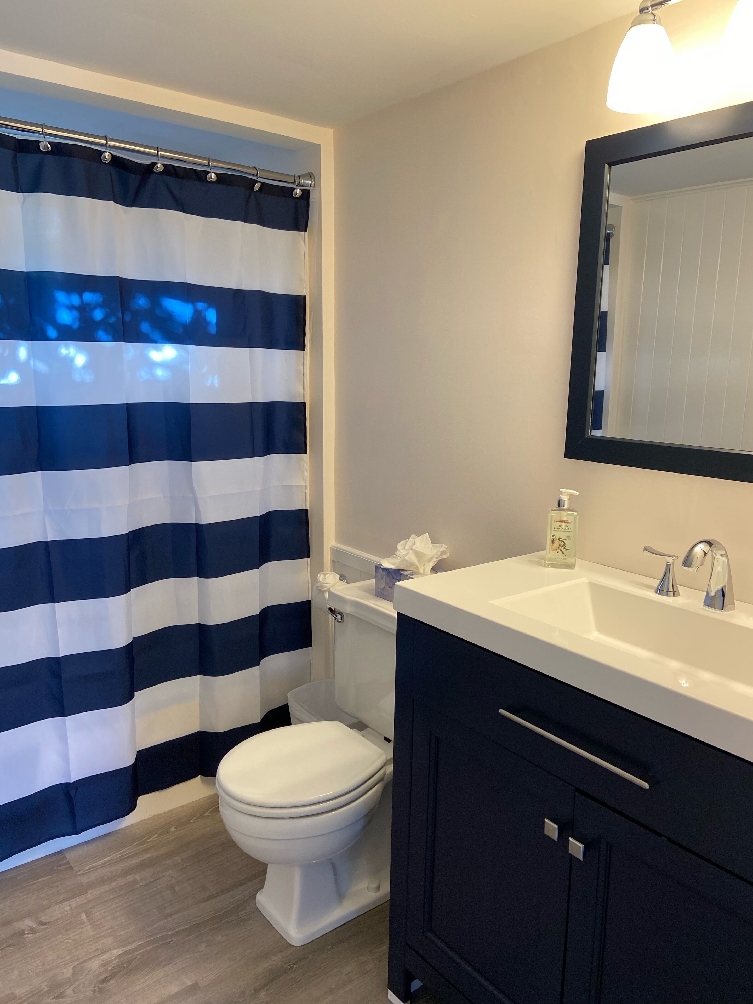 A bathroom with a striped shower curtain, a toilet, a sink with a mirror, and a bottle of hand soap.