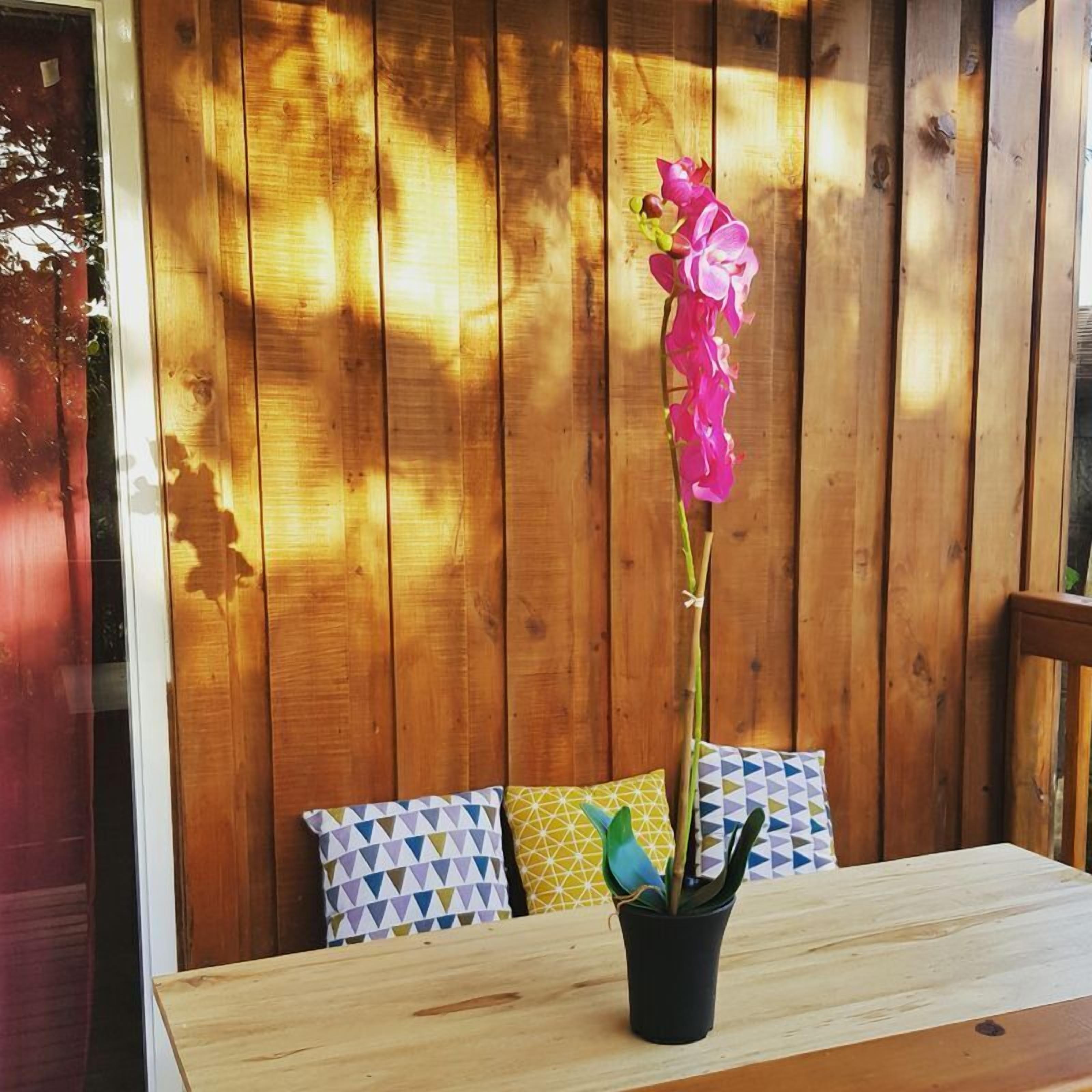 A wooden table with a potted orchid and a bird-shaped planter.