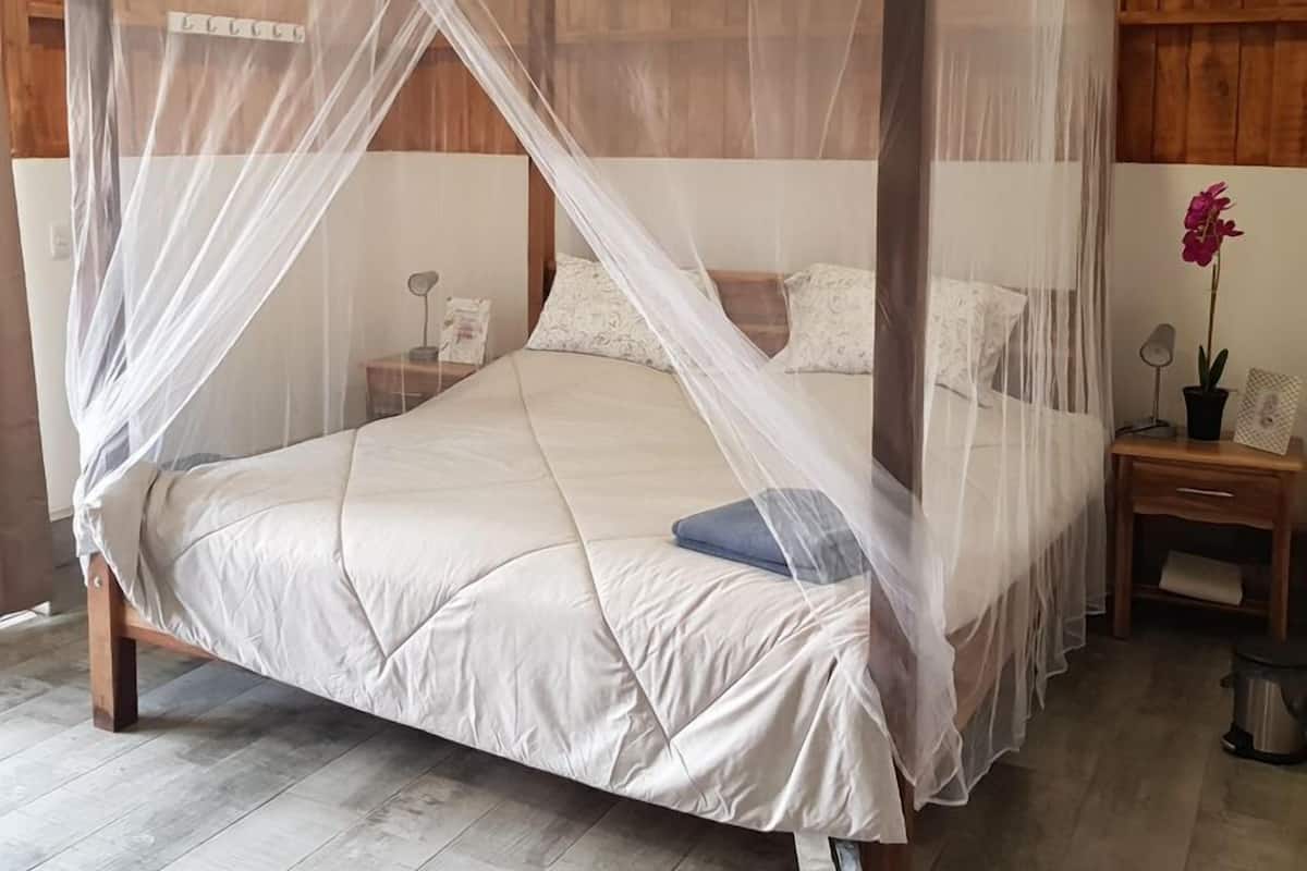 A four-poster canopy bed with a white bedspread and pillows, wooden headboard, and nightstands with lamps and a potted plant.