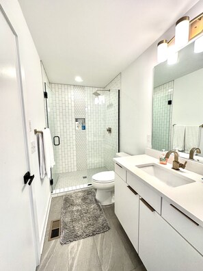 Bathtub, hair dryer, towels, soap