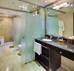 Shower, rainfall showerhead, designer toiletries, hair dryer