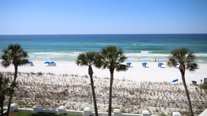 A beach with palm trees, umbrellas, and a fence. - El Matador 448 -  FREE TICKETS!! Your stay includes free tickets to many area attractions! (Fort Walton Beach)