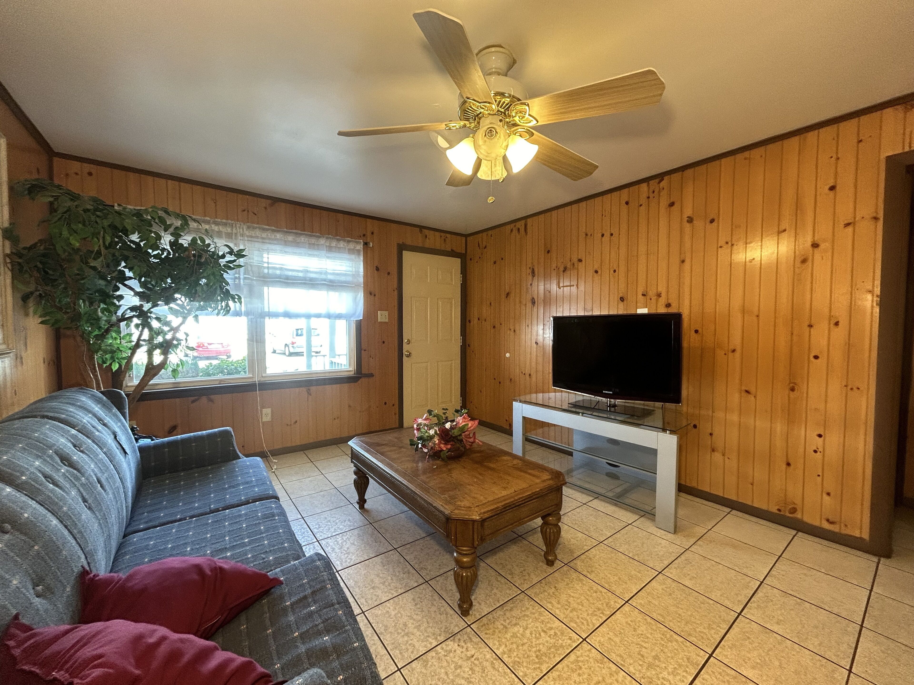 Un salon avec un mur lambrissé en bois, un ventilateur de plafond, un téléviseur posé sur un meuble en verre, un canapé avec des coussins et une plante en pot.