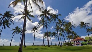 Un campo de golf con palmeras y una casa al fondo.