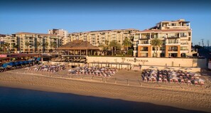 On the beach, sun loungers, beach towels