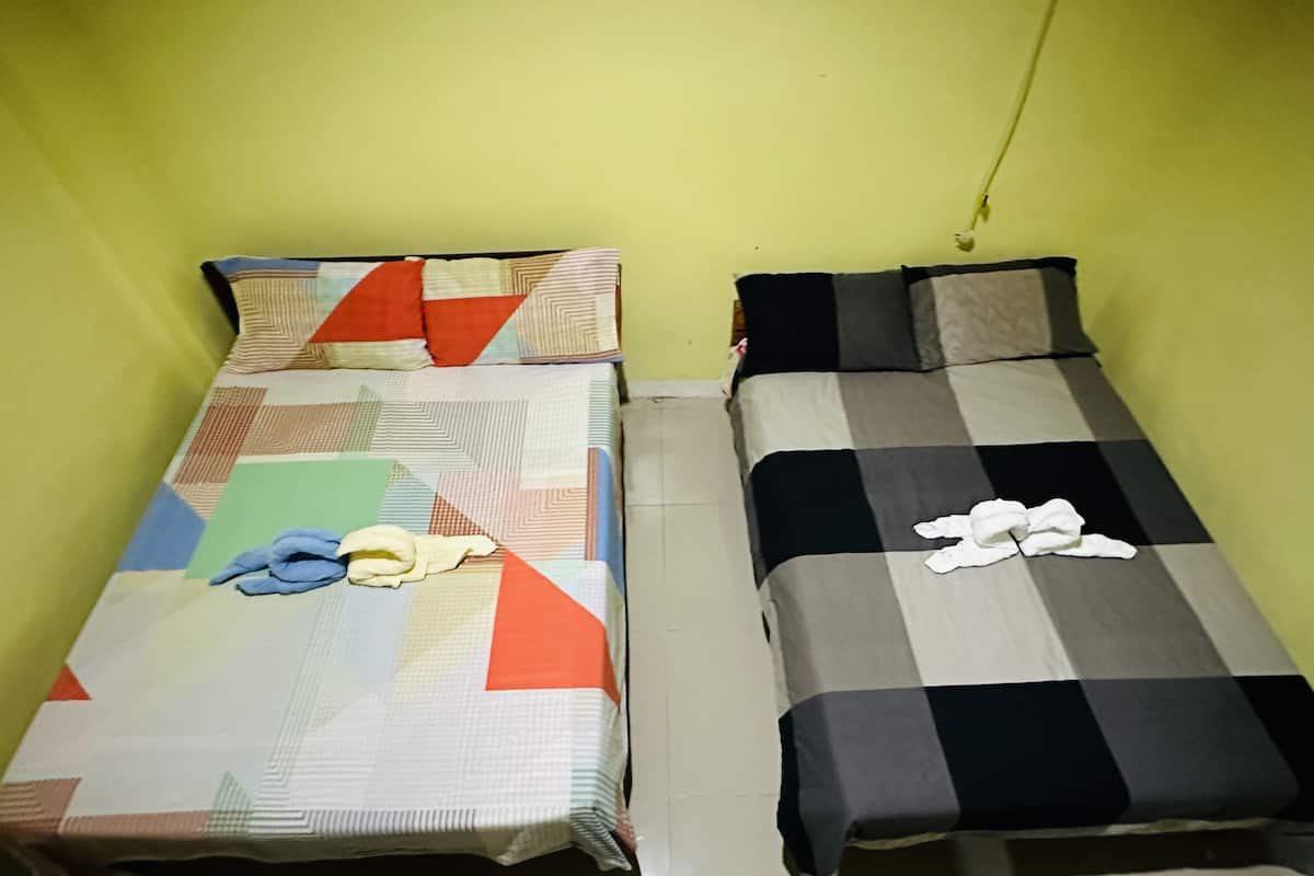 Two single beds with patterned bedding and pillows, a green wall, and a visible electrical cord.