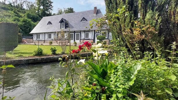 Ein traditionelles Haus mit Satteldach, einem kleinen Garten und einem Teich im Vordergrund.