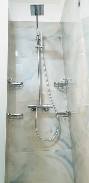 Une douche équipée d’un pommeau de douche à main, d’un robinet mural et de deux porte-serviettes en chrome.