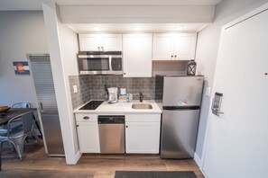 Microwave, stovetop, dishwasher, coffee/tea maker